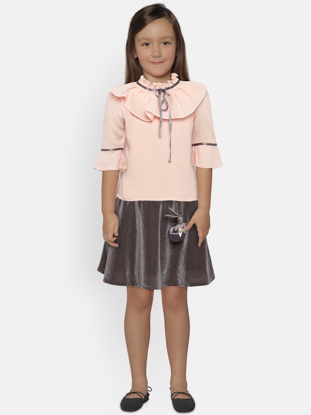 

Peppermint Girls Grey & Peach-Coloured Solid Top with Skirt