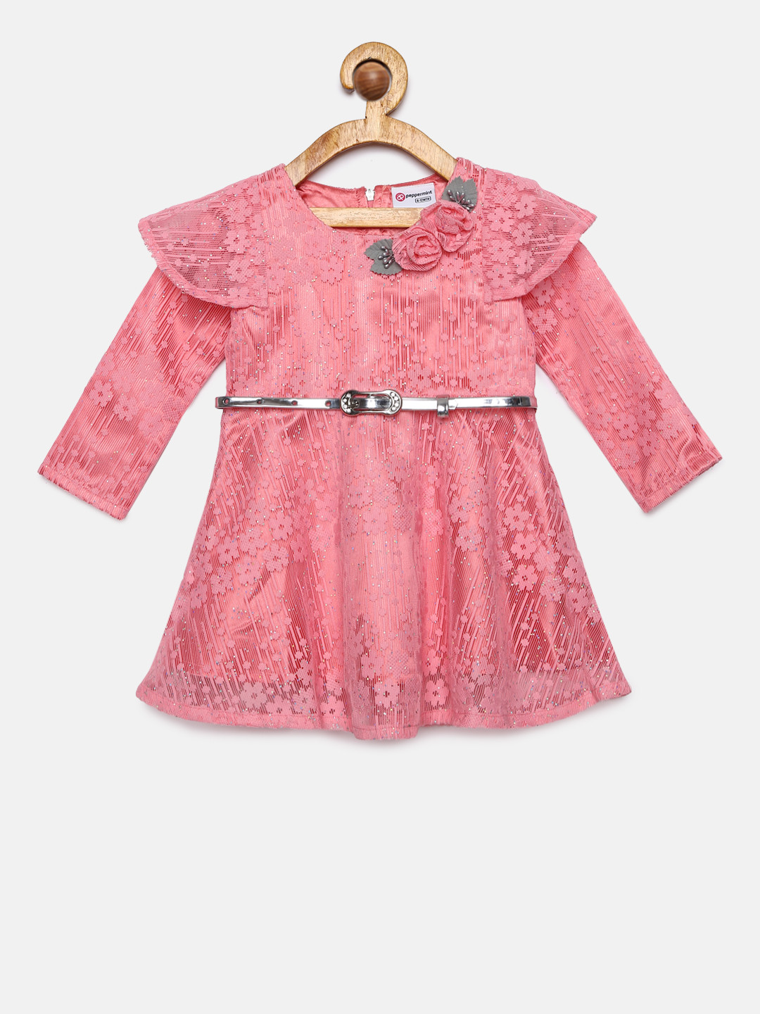 

Peppermint Girls Pink Self Design Fit and Flare Dress