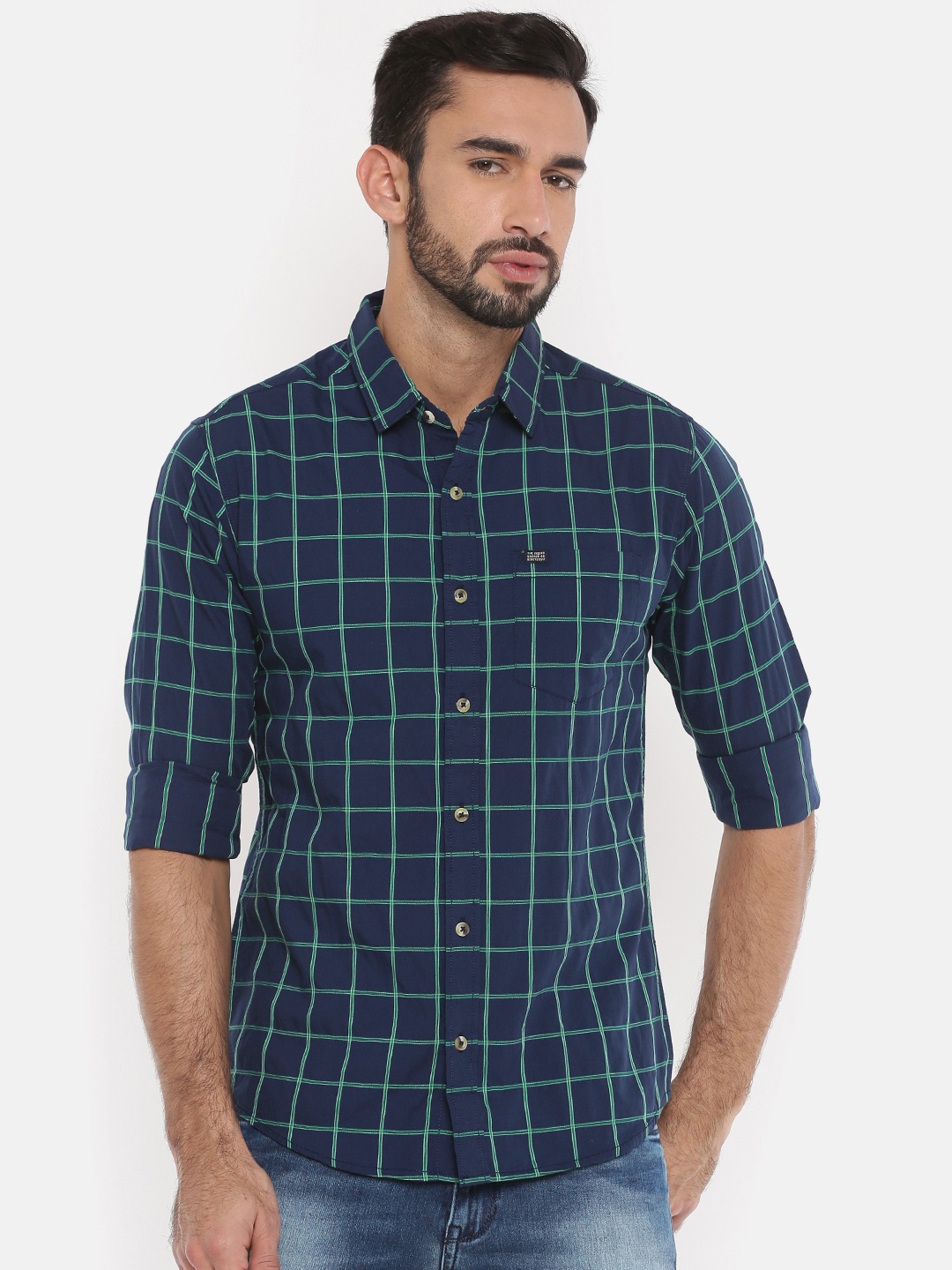 

The Indian Garage Co Men Navy Blue & Green Regular Fit Checked Casual Shirt