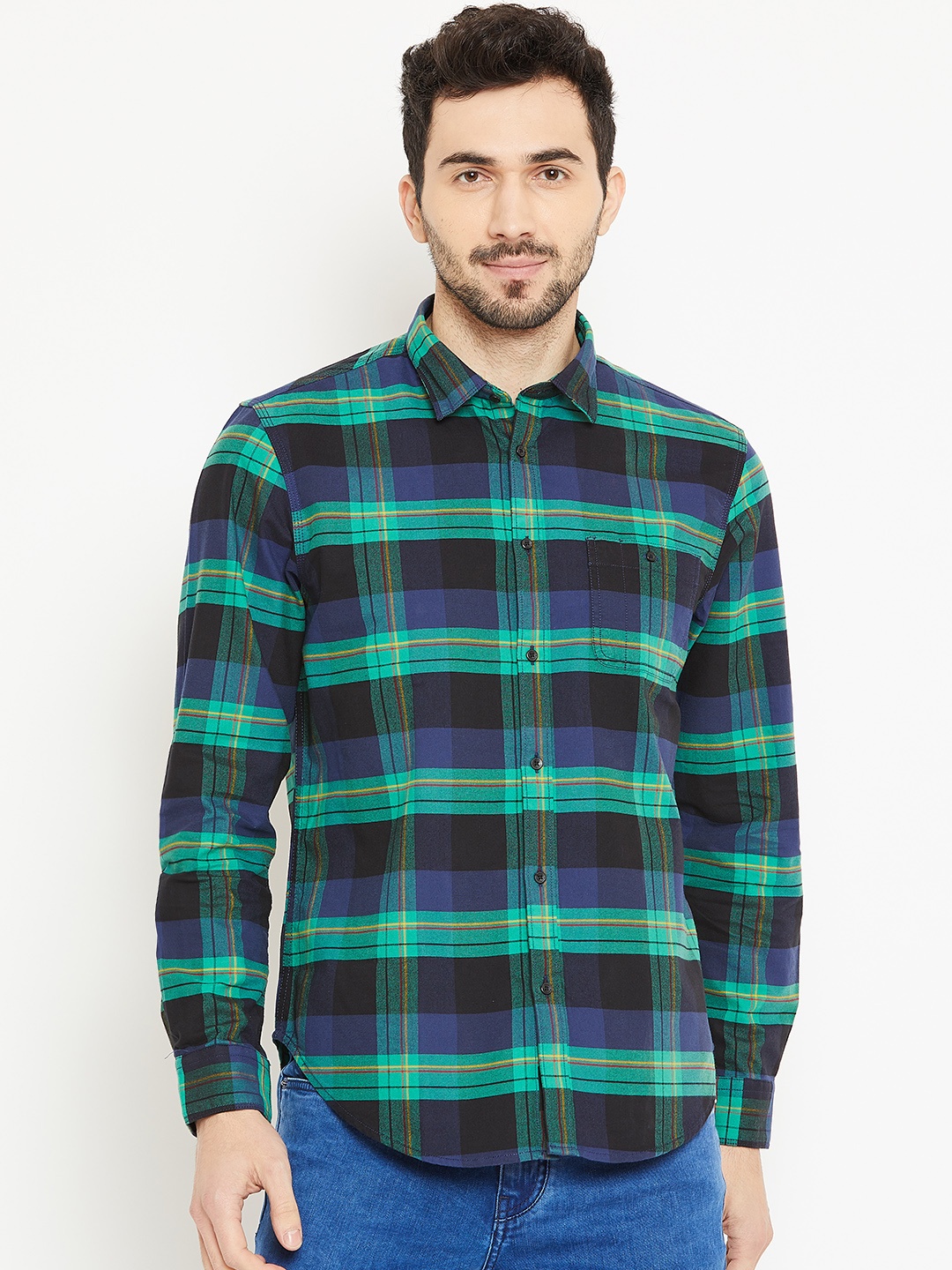 

Blackberrys Men Green & Black Slim Fit Checked Casual Shirt