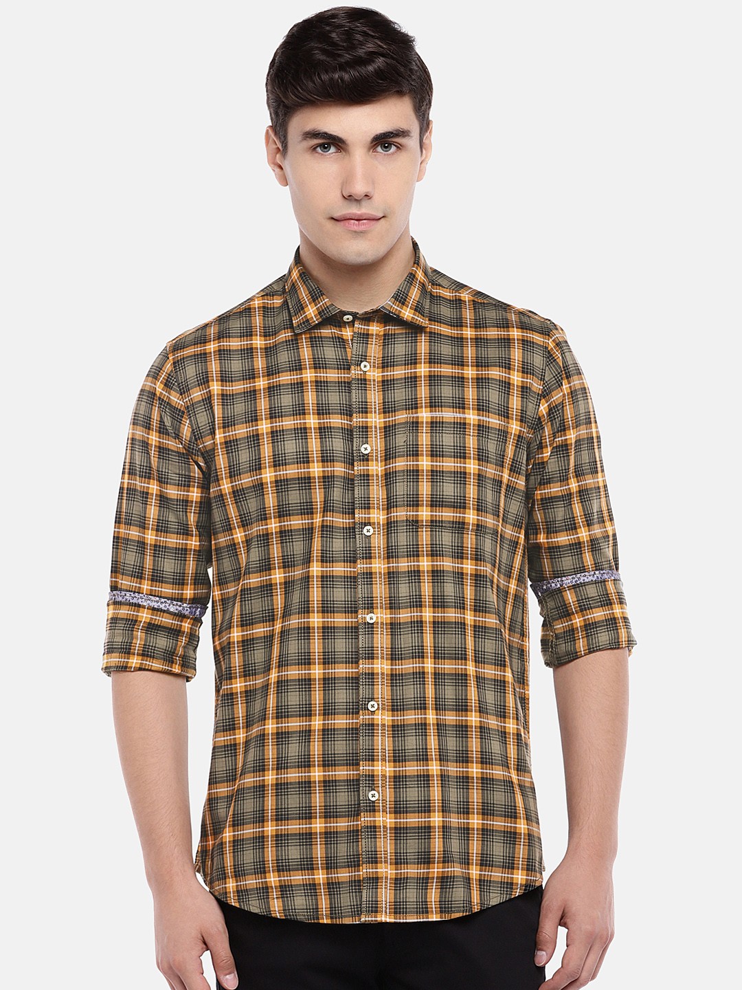 

Blackberrys Men Olive Green & Mustard Yellow Slim Fit Checked Casual Shirt