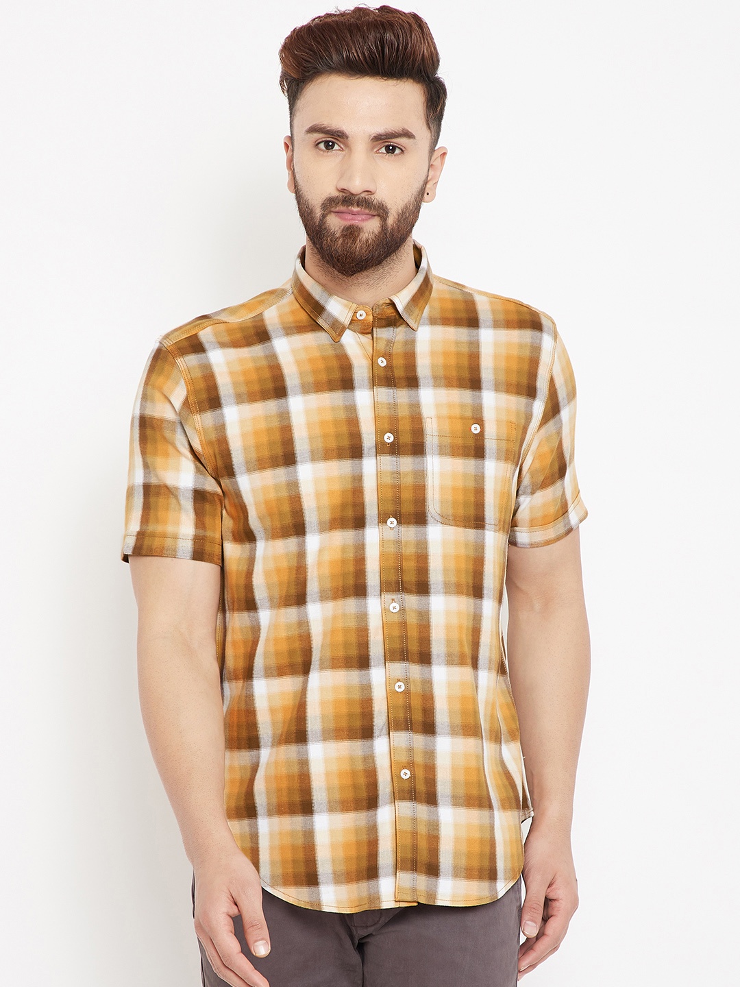 

Blackberrys Men Mustard Yellow & White Slim Fit Checked Casual Shirt