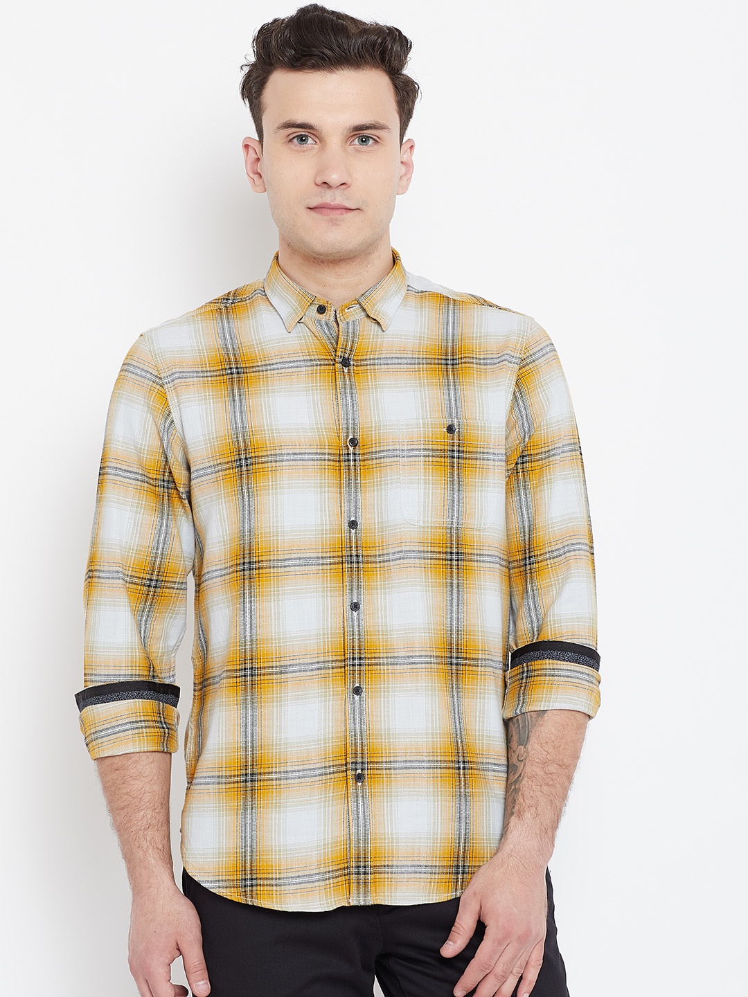 

Blackberrys Men Mustard Yellow & Off-White Slim Fit Checked Casual Shirt