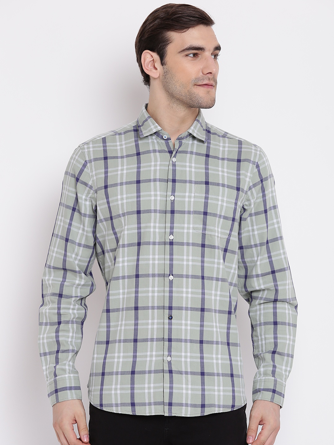 

Blackberrys Men Green & Navy Blue Slim Fit Checked Casual Shirt