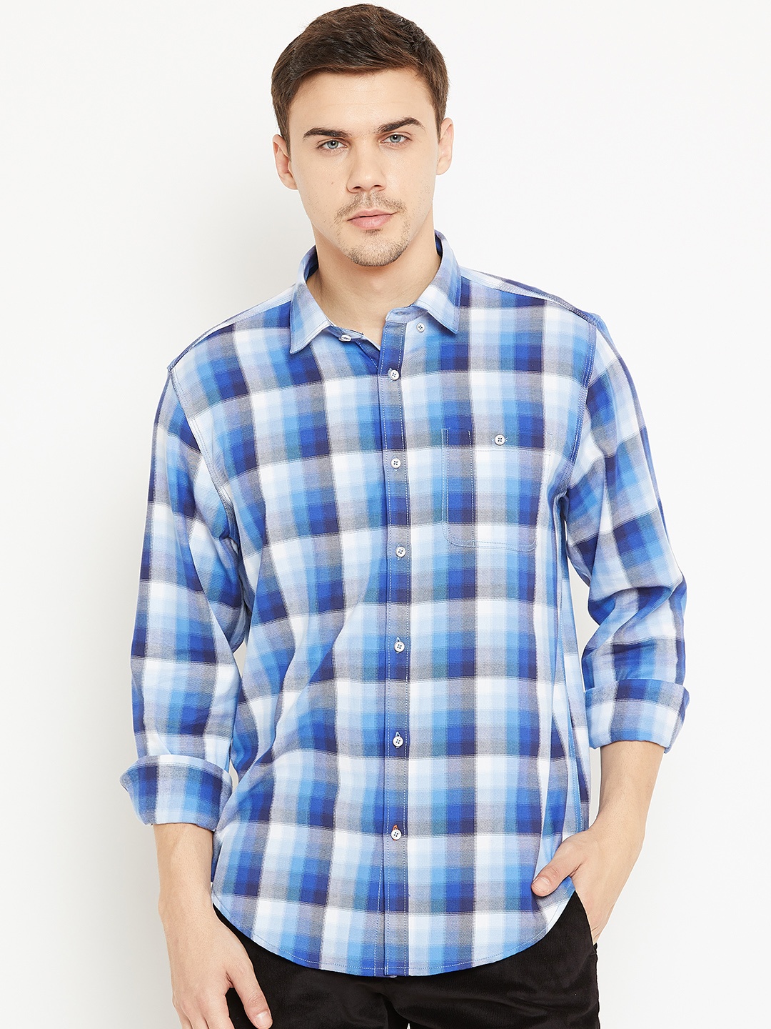 

Blackberrys Men White & Blue Slim Fit Checked Casual Shirt