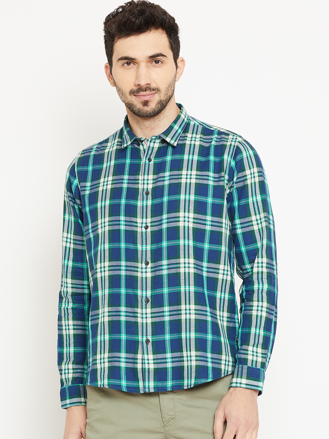 

Blackberrys Men Blue & Green Slim Fit Checked Casual Shirt