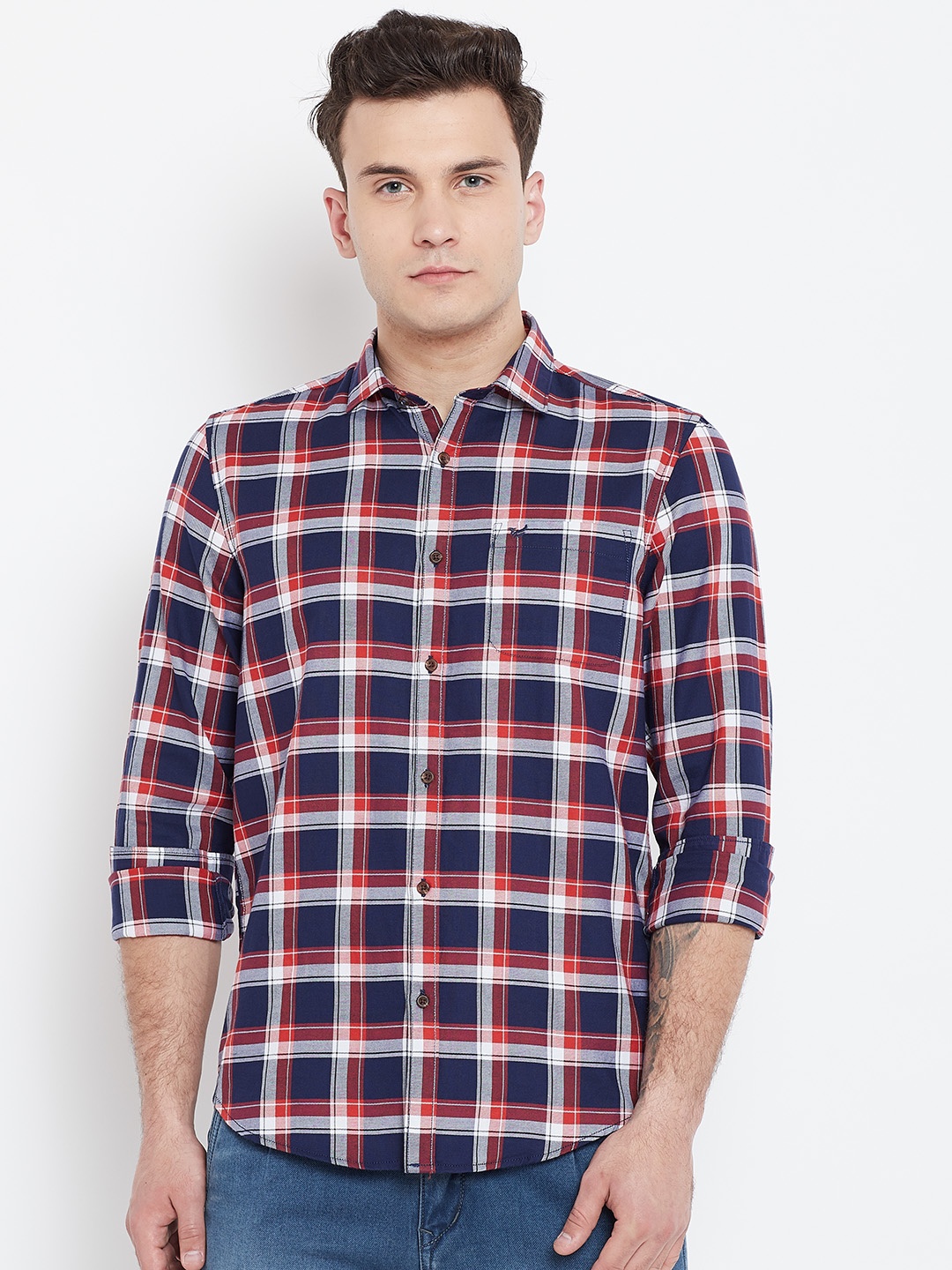 

Blackberrys Men Navy Blue & Red Slim Fit Checked Casual Shirt