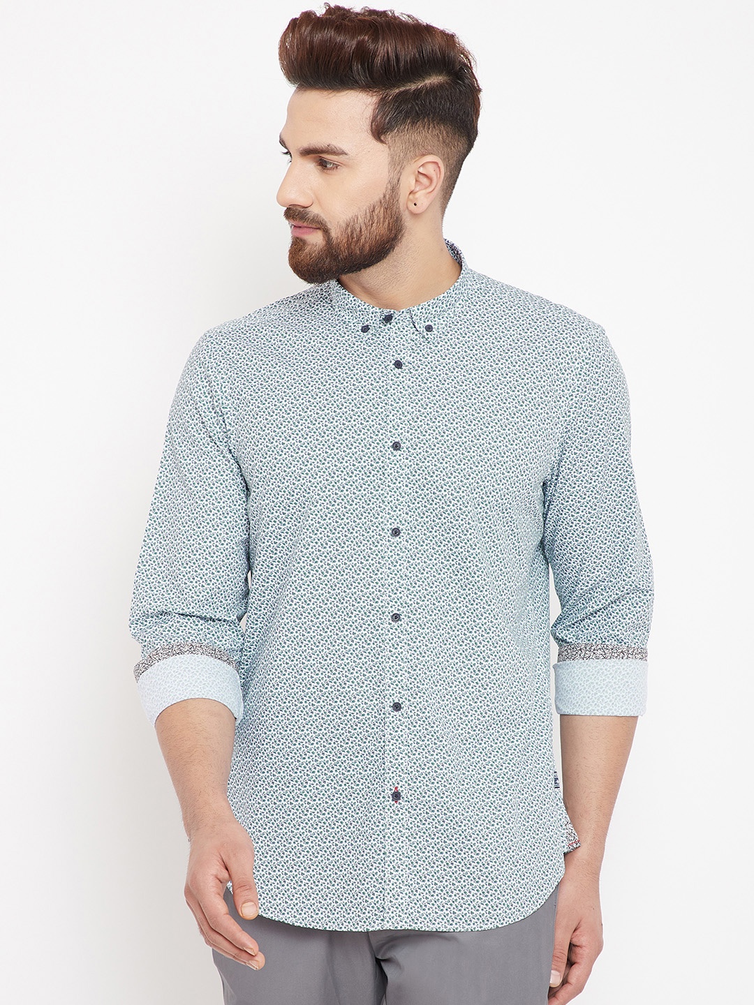 Blackberrys Men White & Green Slim Fit Printed Casual Shirt