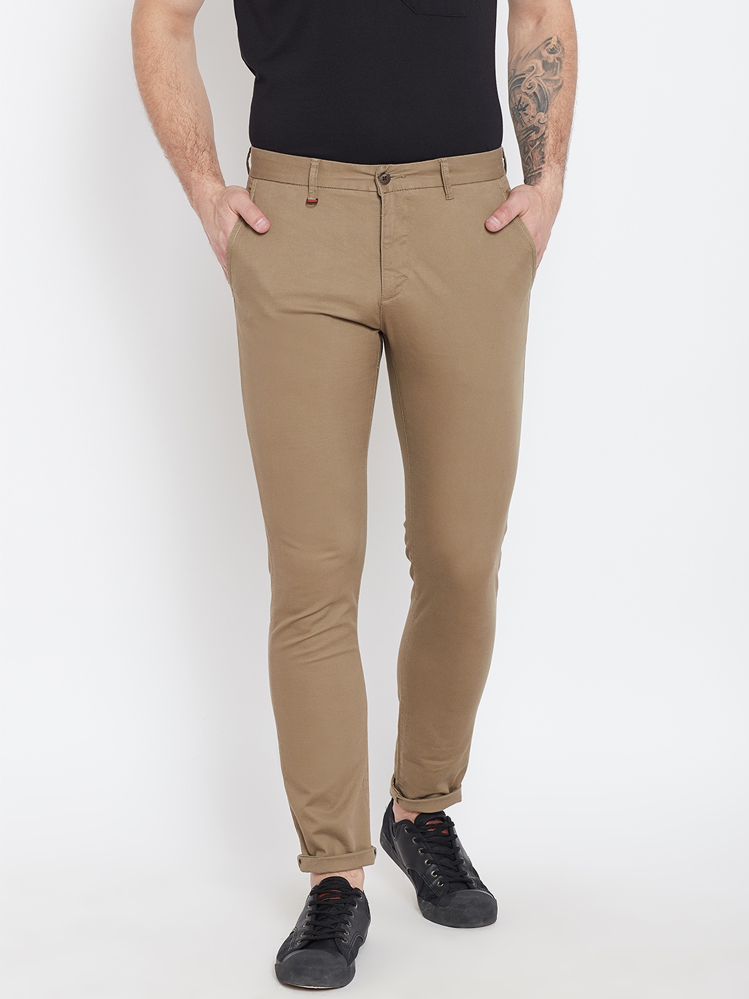 

Blackberrys Men Olive Brown Z96 Slim Fit Solid Trousers