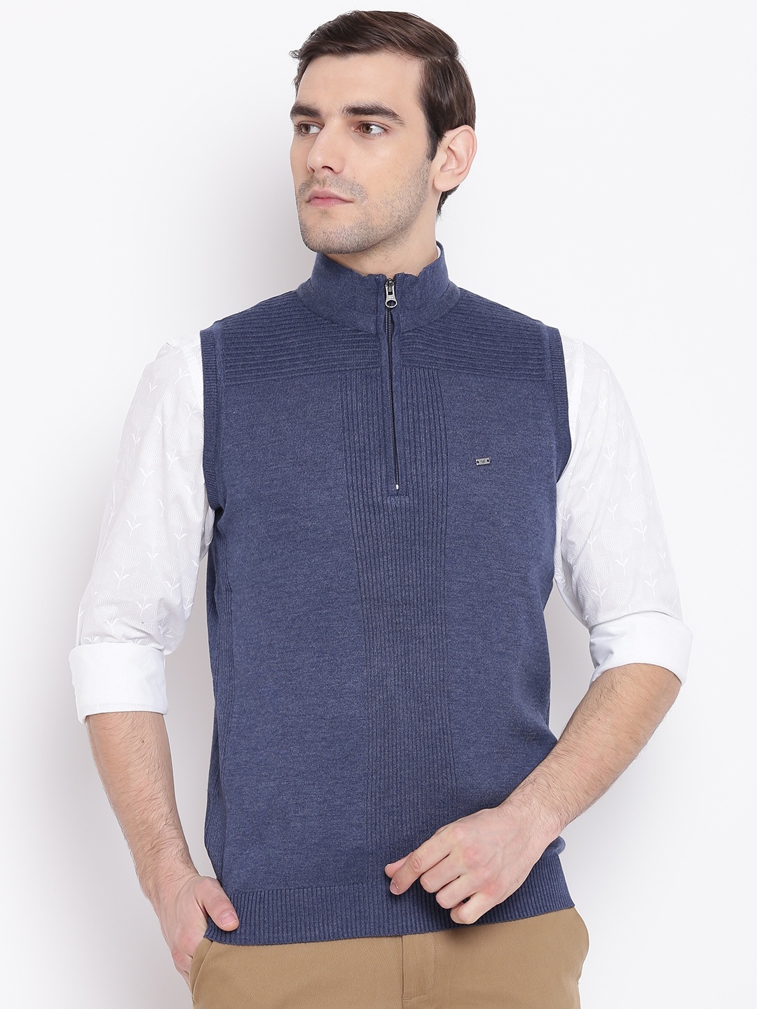 

Blackberrys Men Blue Self Design Sleeveless Sweater Vest