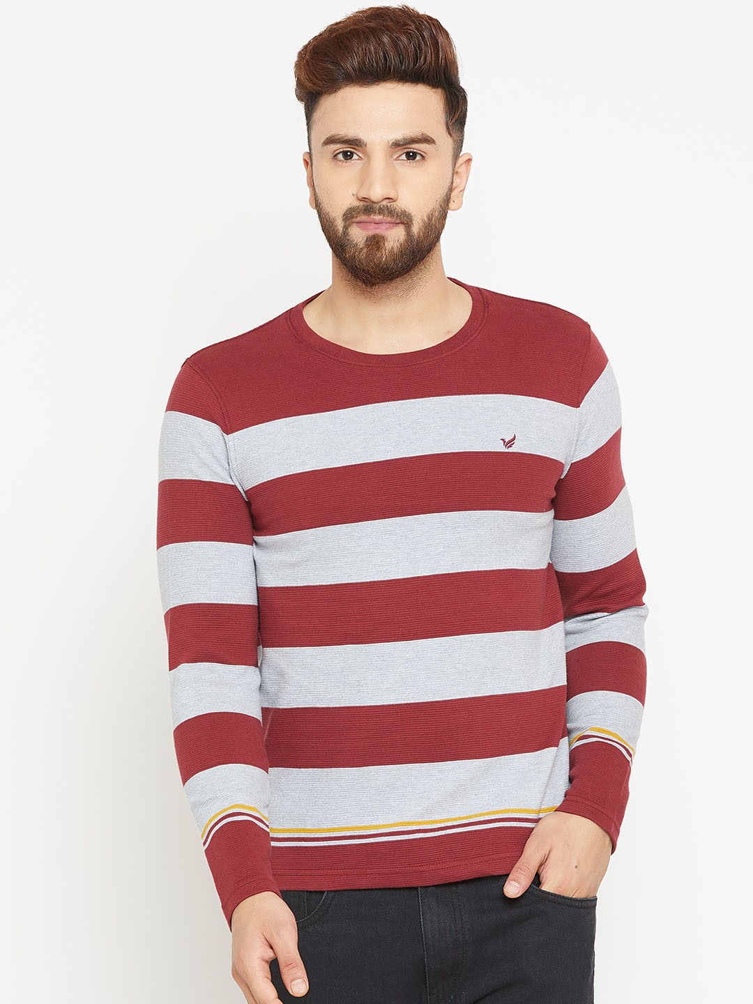 

Blackberrys Men Maroon & Grey Striped Pullover