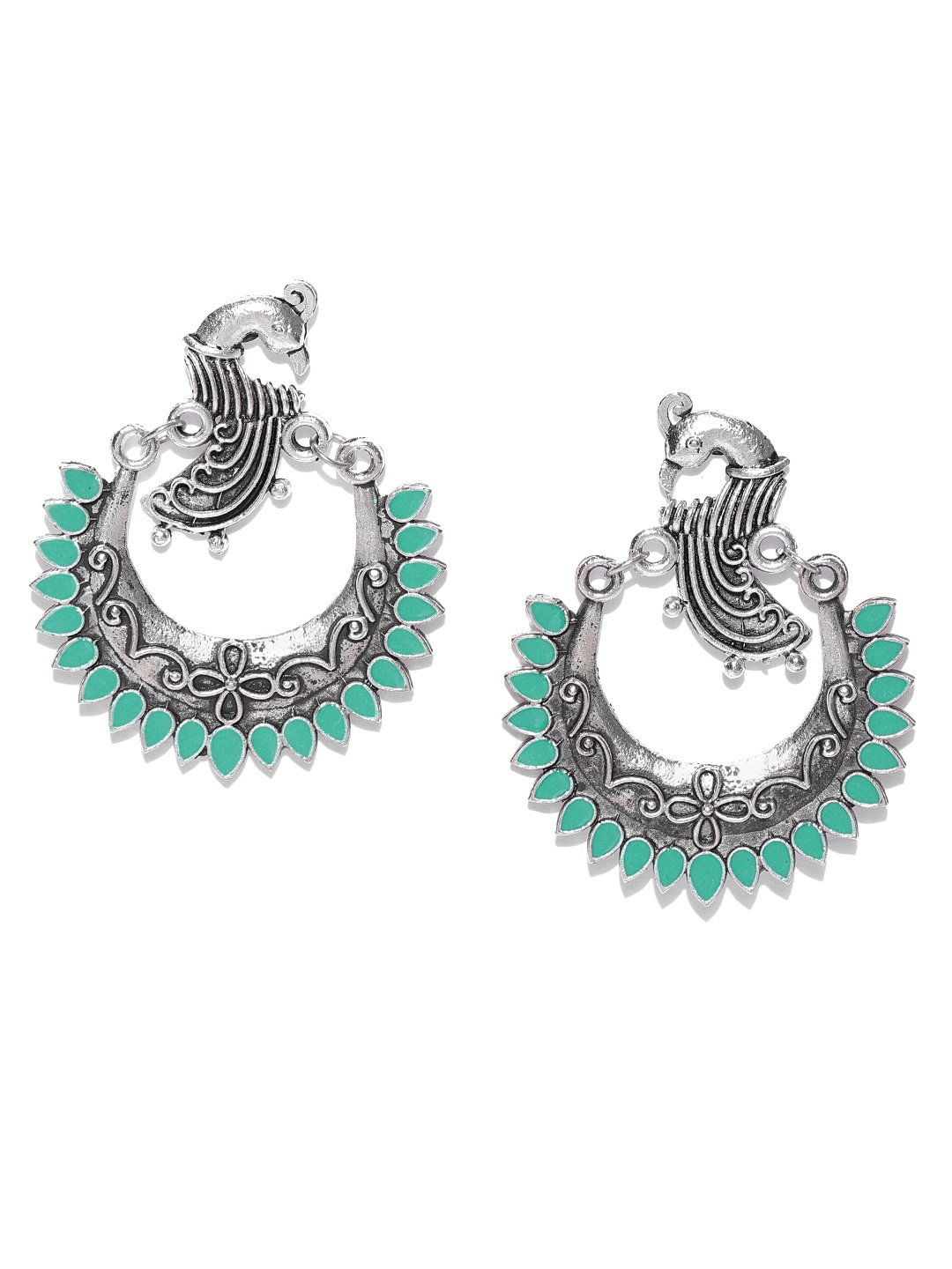 

Infuzze Oxidised Silver-Toned & Green Enamelled Peacock Shaped Chandbalis