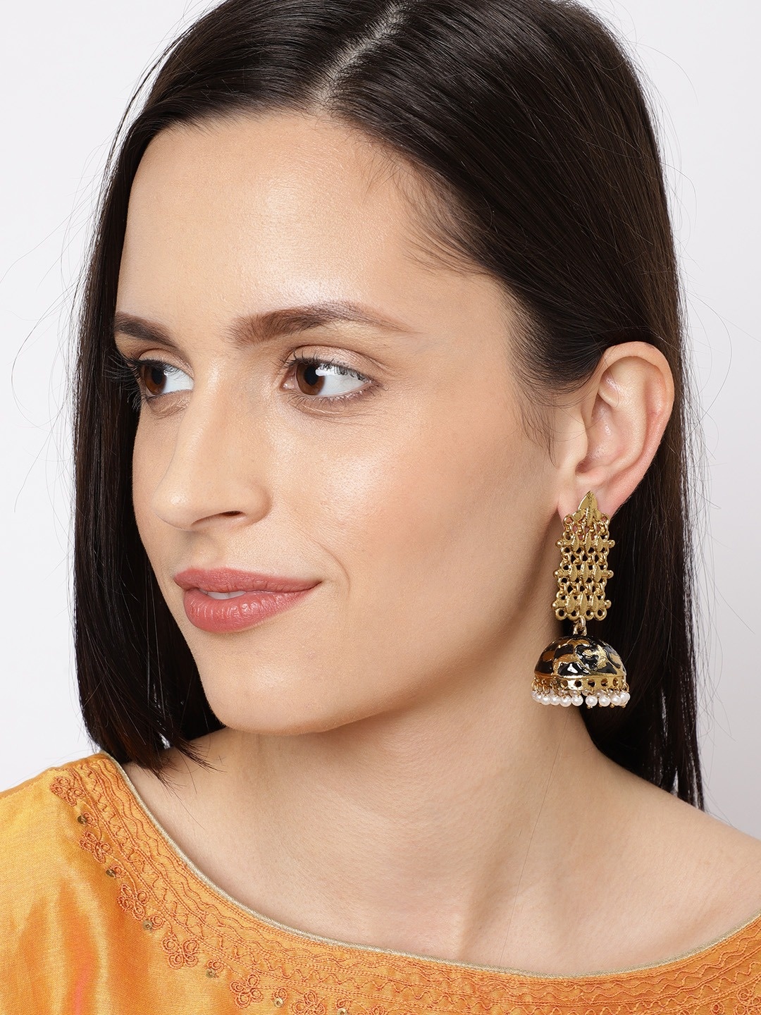

Fida Black & Gold-Toned Dome Shaped Jhumkas