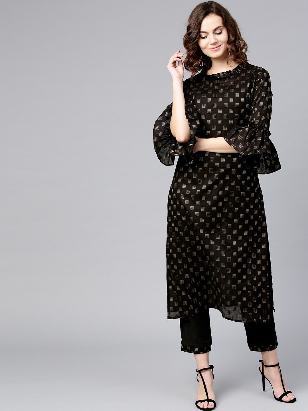 

Yufta Women Black Printed Kurta with Trousers