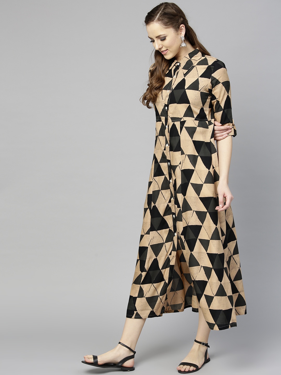

Varanga Women Peach-Coloured & Black Printed Shirt Maxi Dress