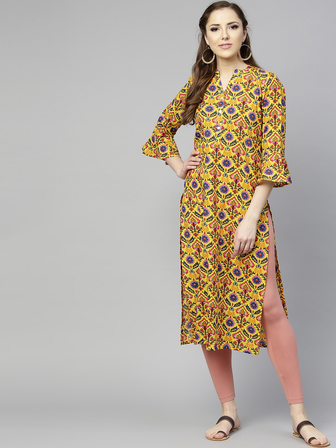 

Varanga Women Yellow & Pink Printed Straight Kurta