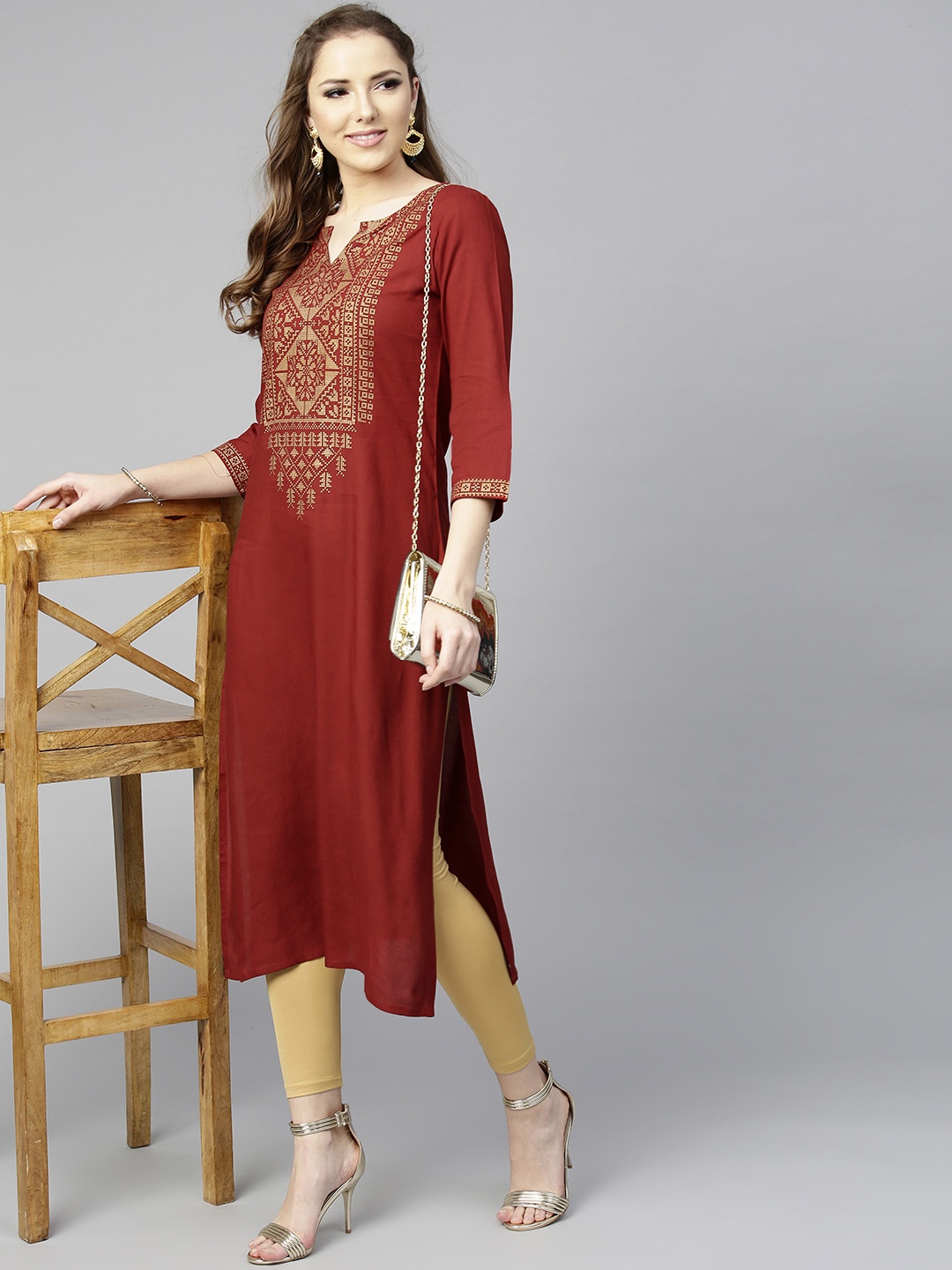 

Varanga Women Maroon Foil Print Yoke Design Straight Kurta