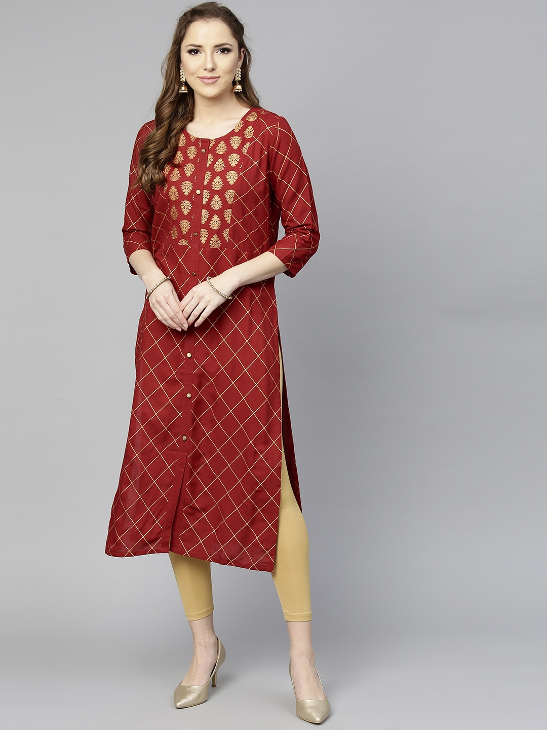 

Varanga Women Maroon & Golden Checked Straight Kurta