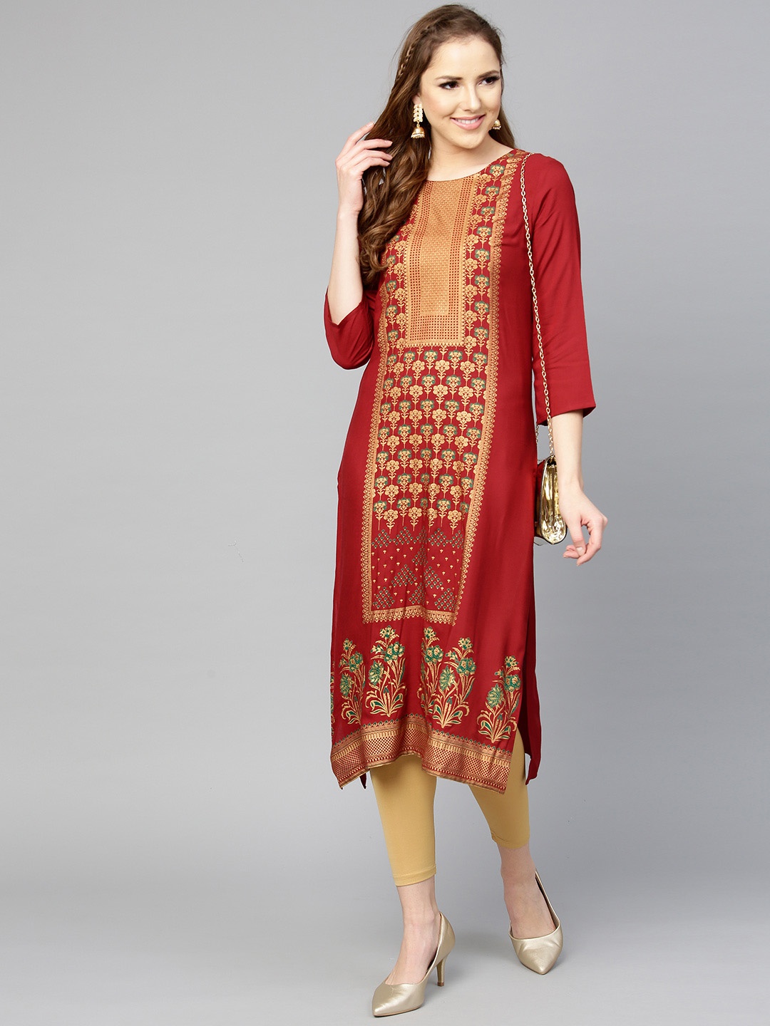 

Varanga Women Maroon & Golden Printed Straight Kurta