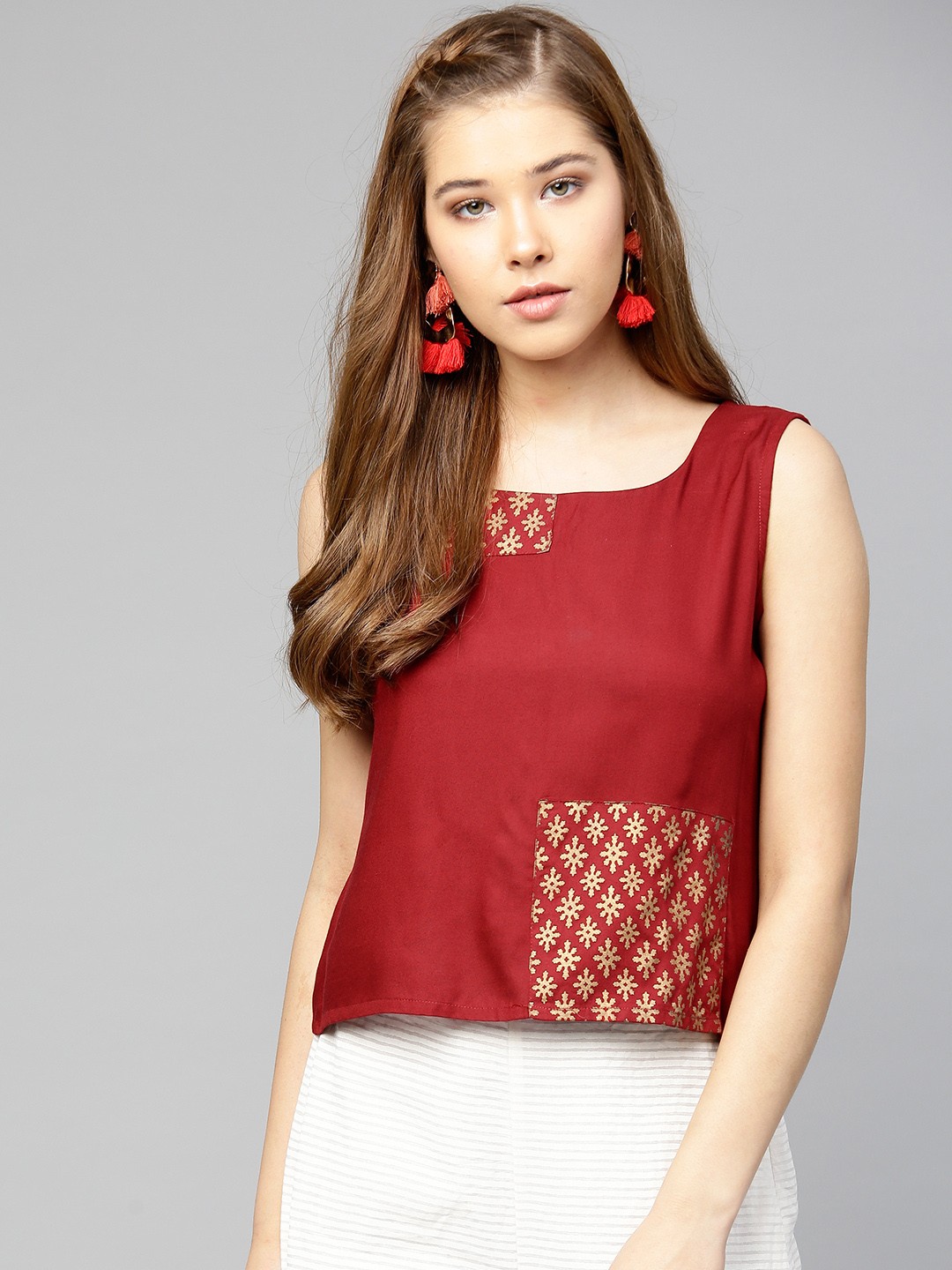 

Varanga Women Maroon Solid Top with Block Print Detail