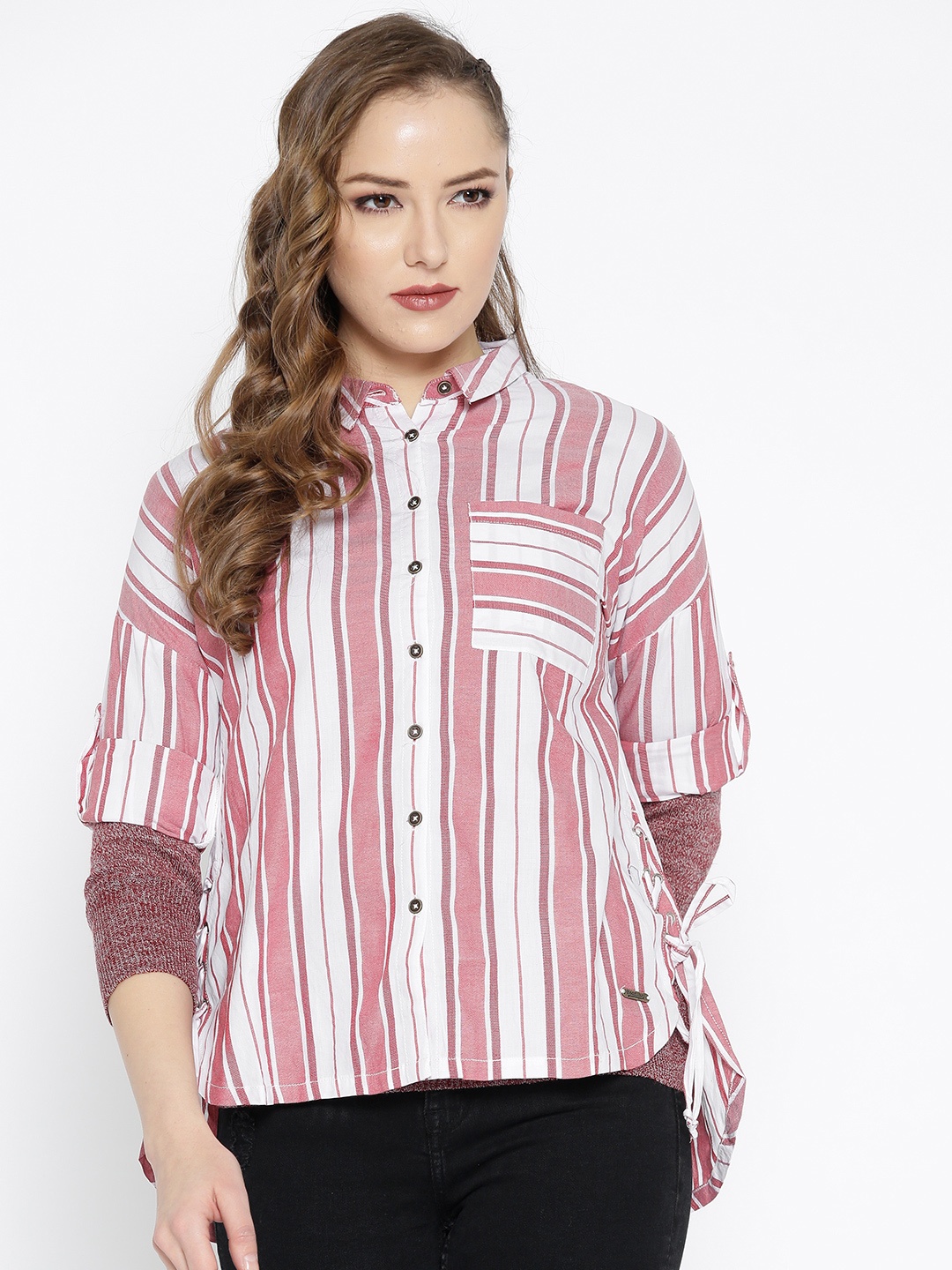 

Roadster Women Red & White Boxy Shirt with Back Detail