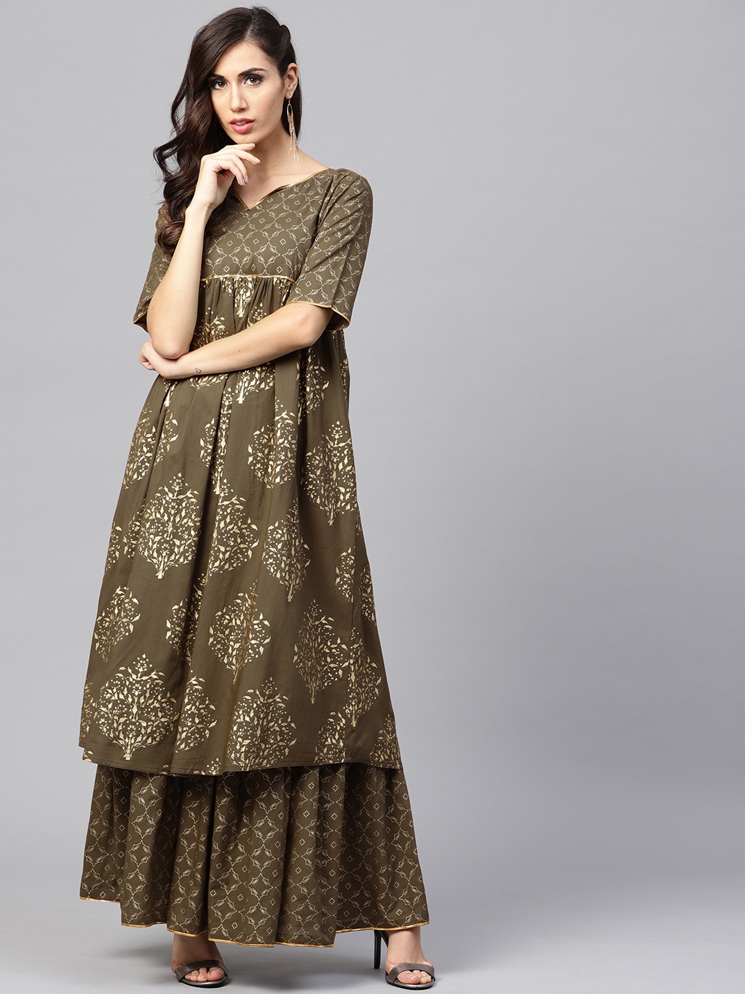 

Nayo Women Olive Green & Golden Printed Kurta with Sharara