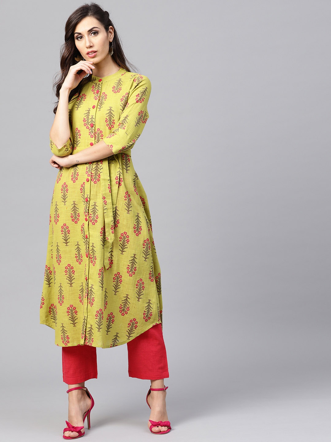 

Nayo Women Green & Coral Pink Printed Kurta with Trousers