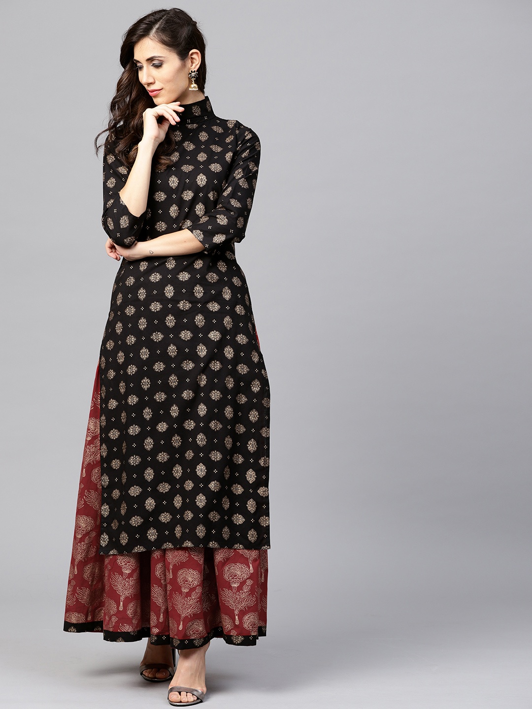 

Nayo Women Black & Maroon Printed Kurta with Skirt