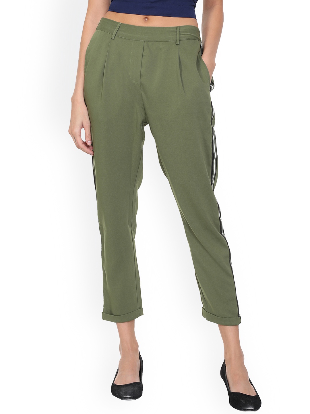 

People Women Olive Green Straight Fit Solid Peg Trousers