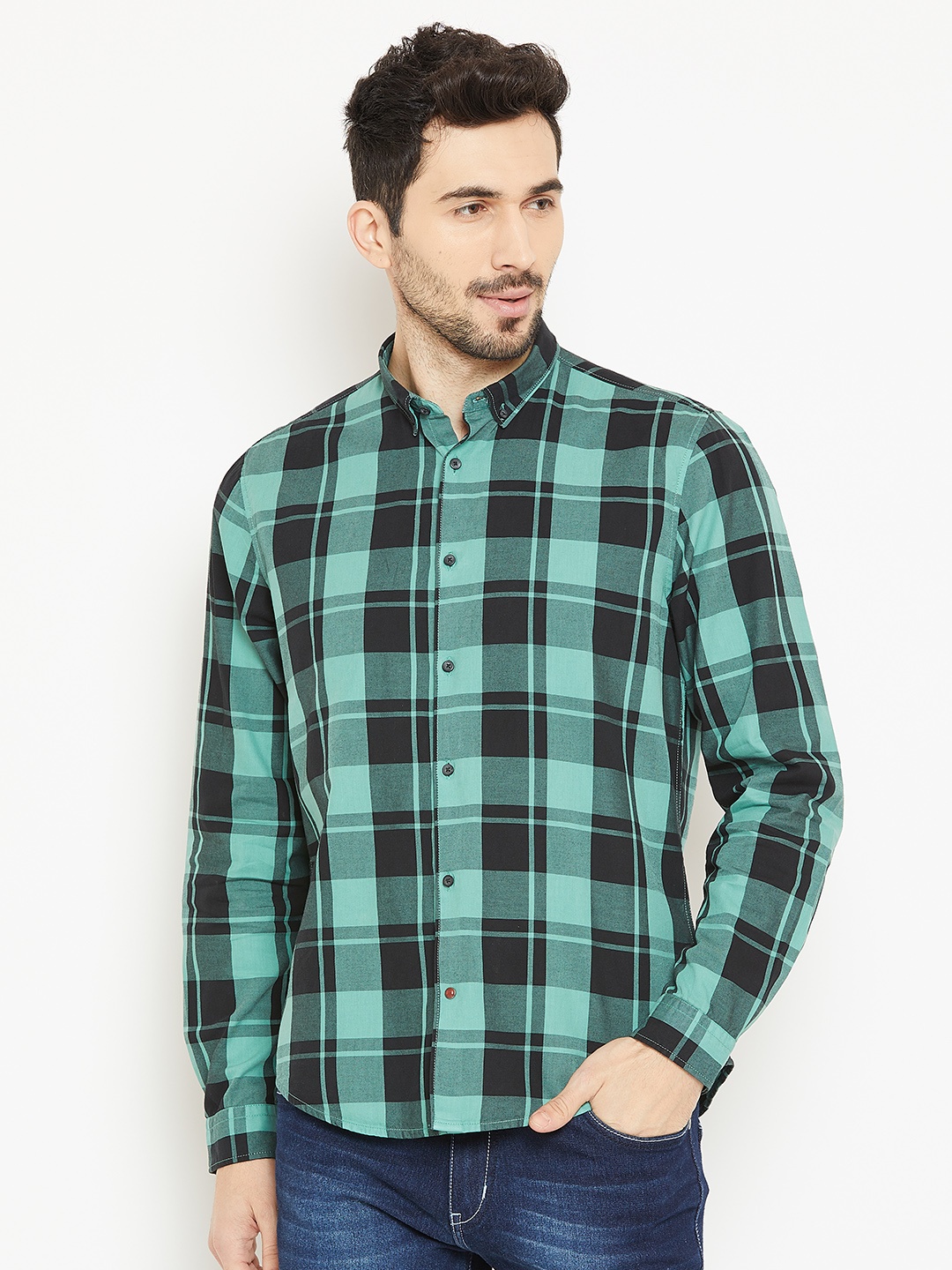 

Blackberrys Men Green & Black Slim Fit Checked Casual Shirt
