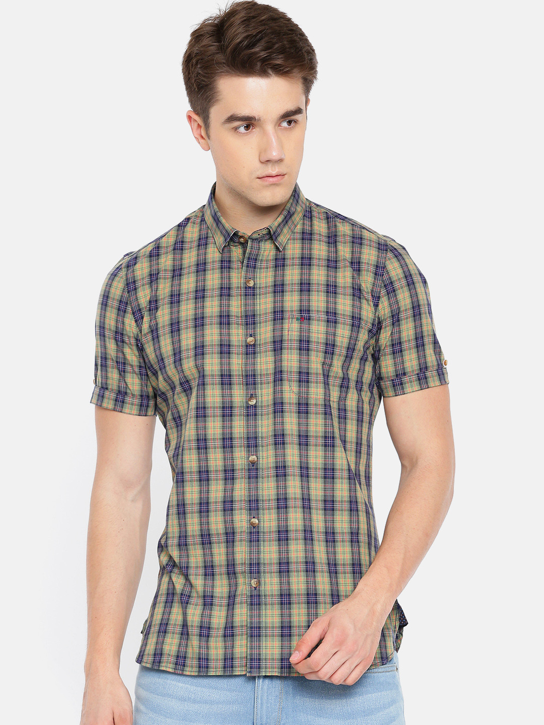 

Peter England Casuals Men Green & Navy Blue Super Slim Fit Checked Casual Shirt