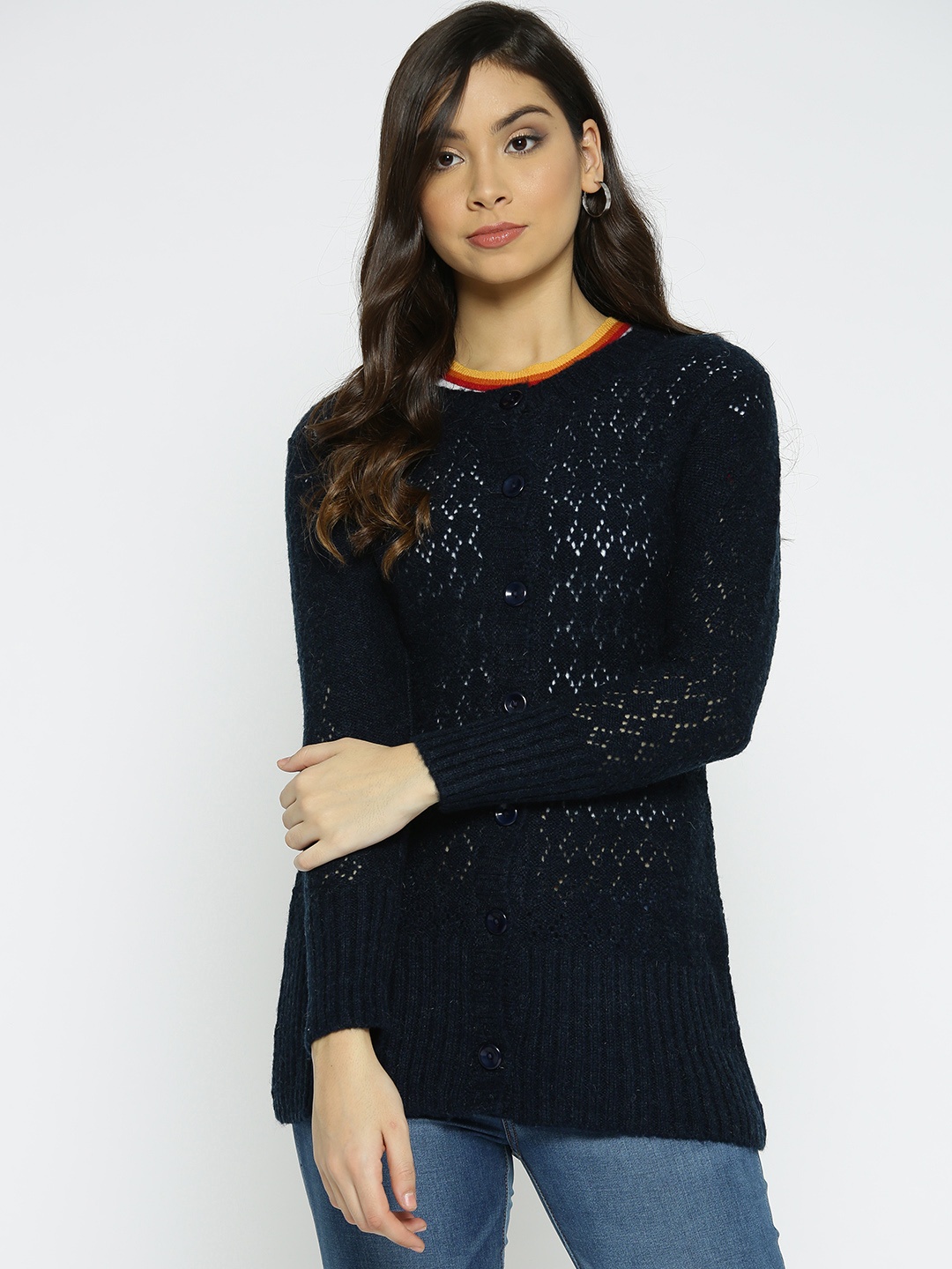 

AURELIA Women Navy Blue Self Design Cardigan
