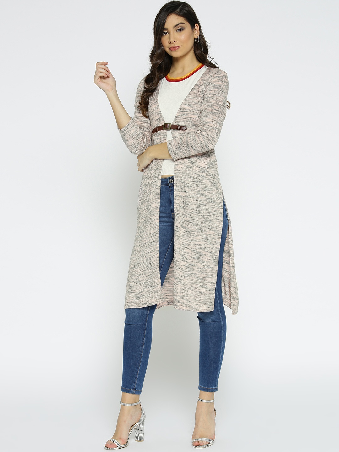 

AURELIA Women Pink & Grey Solid Front-Open Longline Sweater