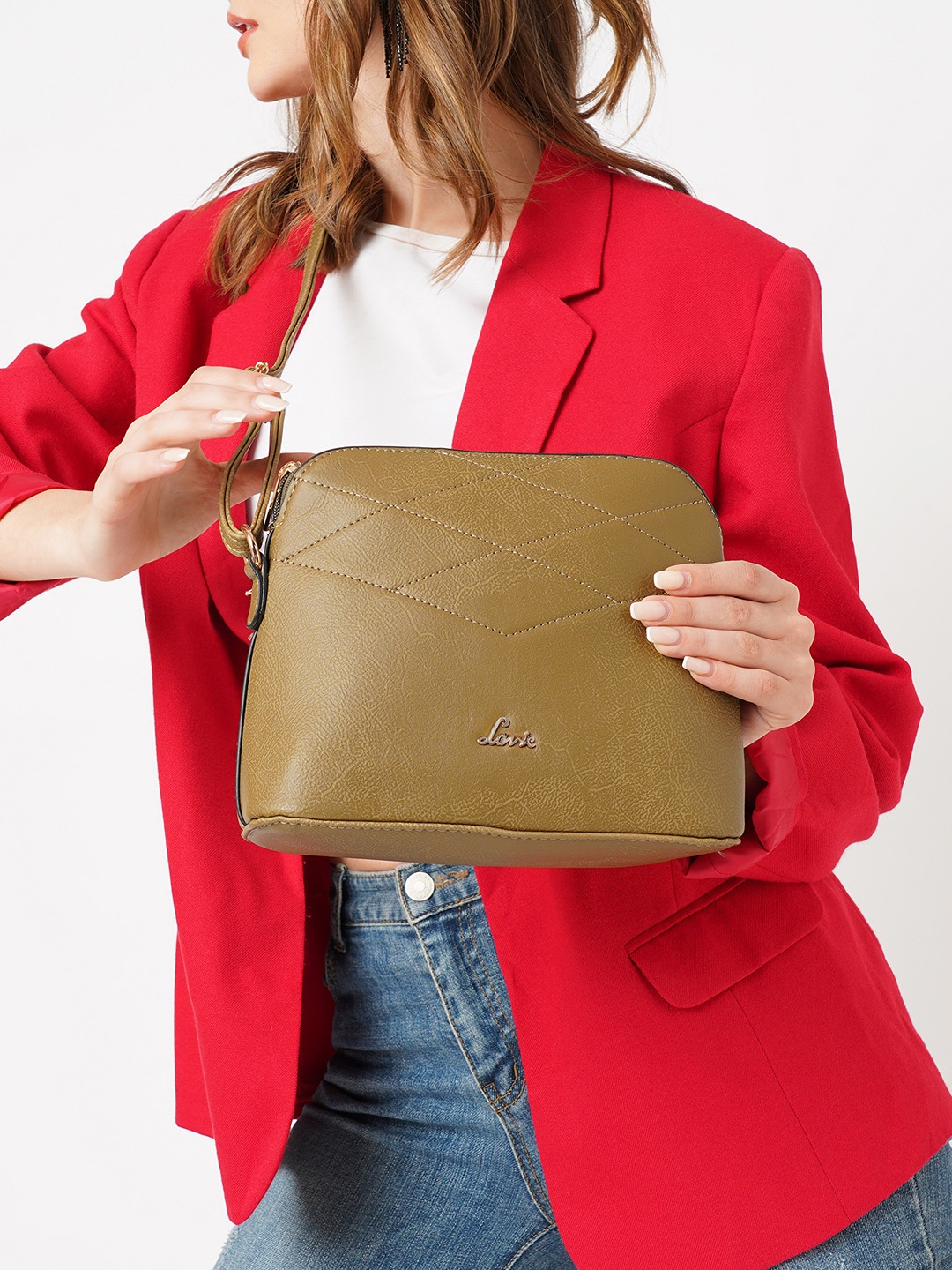 

Lavie Marma Olive Green Solid Structured Sling Bag
