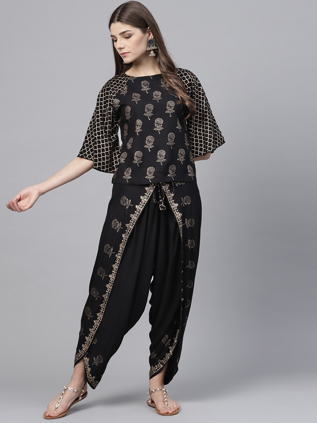 

Bitterlime Women Black & Golden Block Print Top with Dhoti Pants