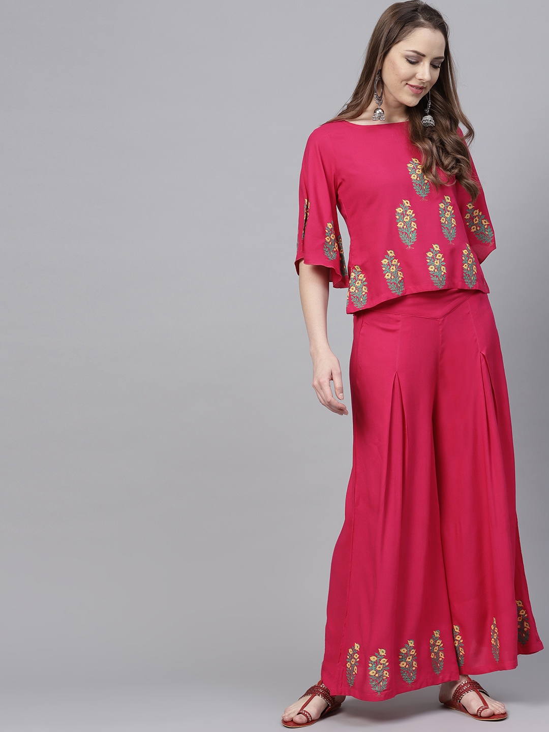 

Bitterlime Women Magenta & Green Block Print Top with Palazzos