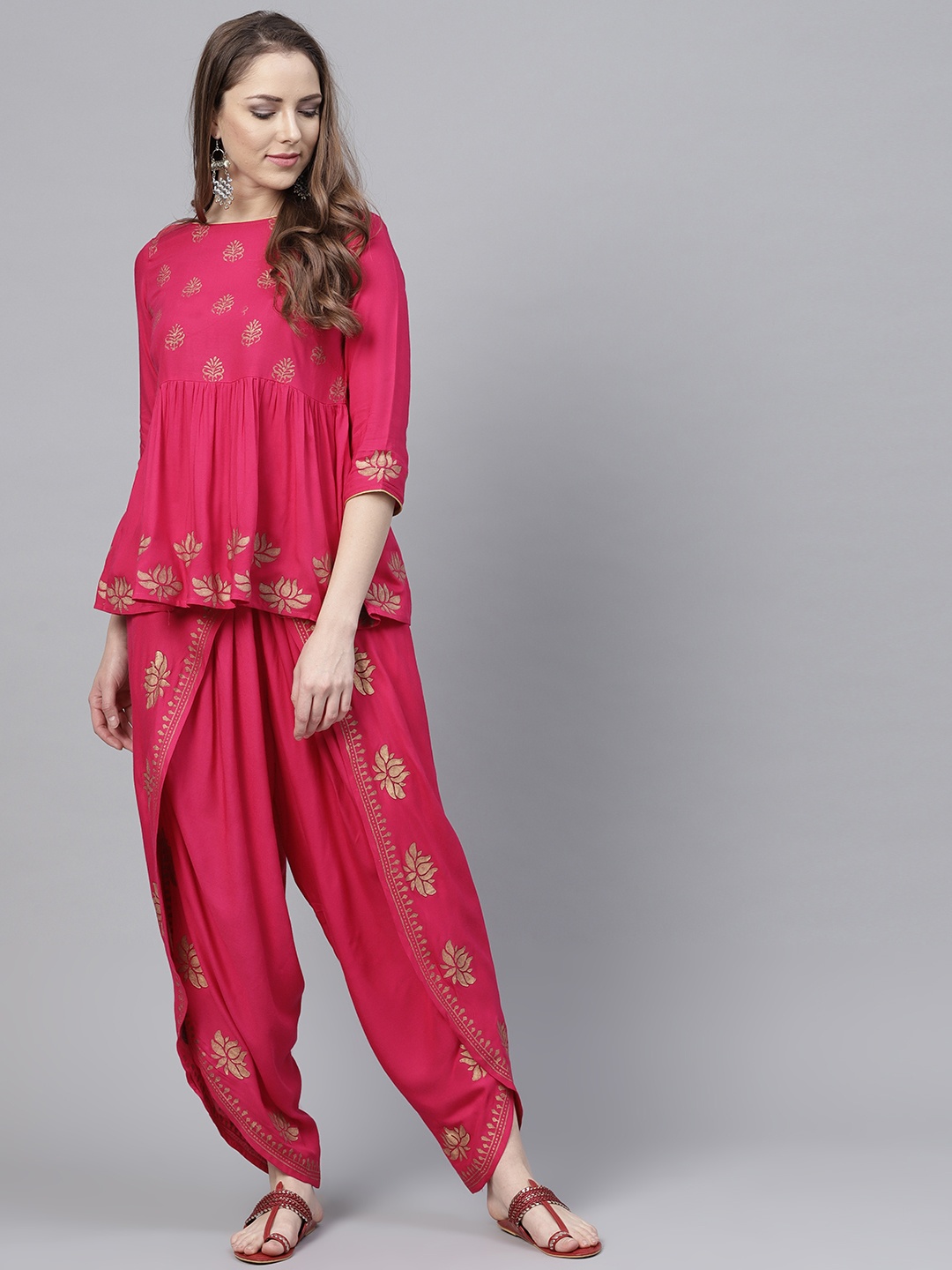 

Bitterlime Women Magenta & Golden Block Print Top with Dhoti Pants