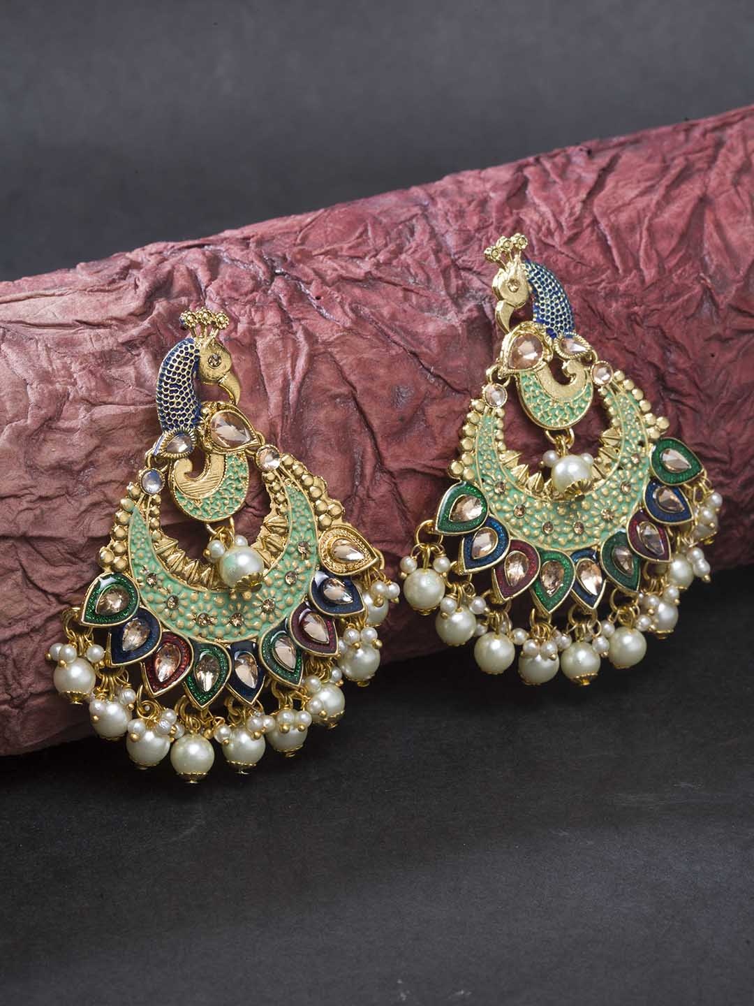 

Priyaasi Green & Red Gold-Plated Kundan-Studded Meenakari Peacock Shaped Chandbalis