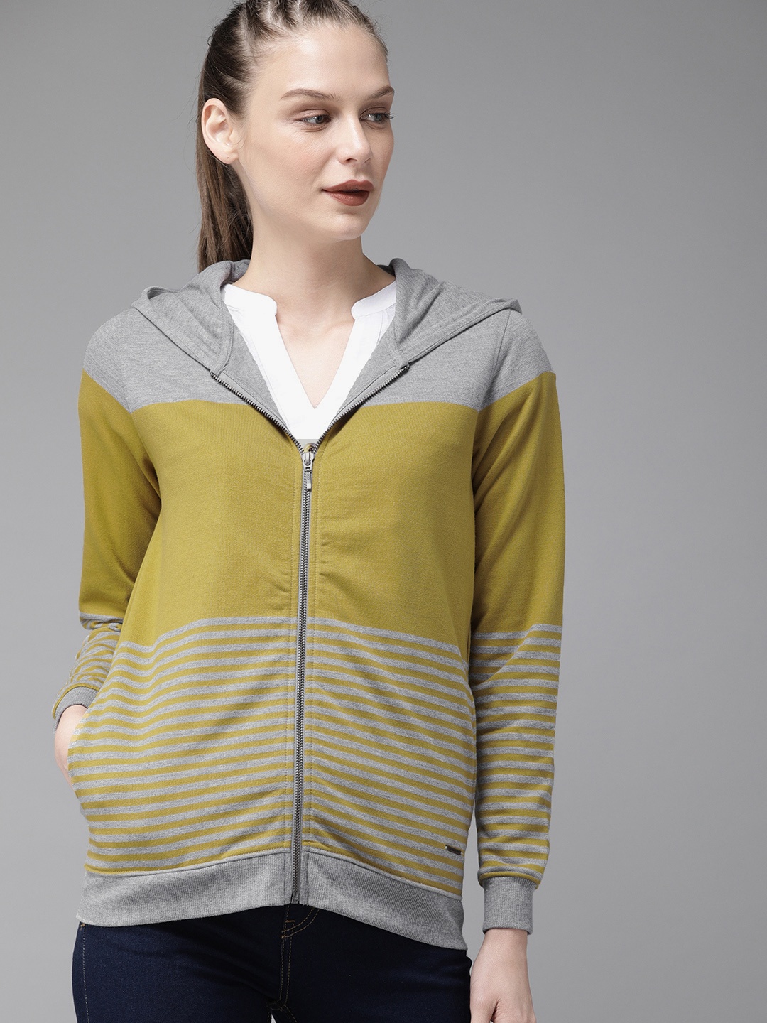 

Roadster Women Grey Melange & Mustard Yellow Striped Hooded Sweatshirt
