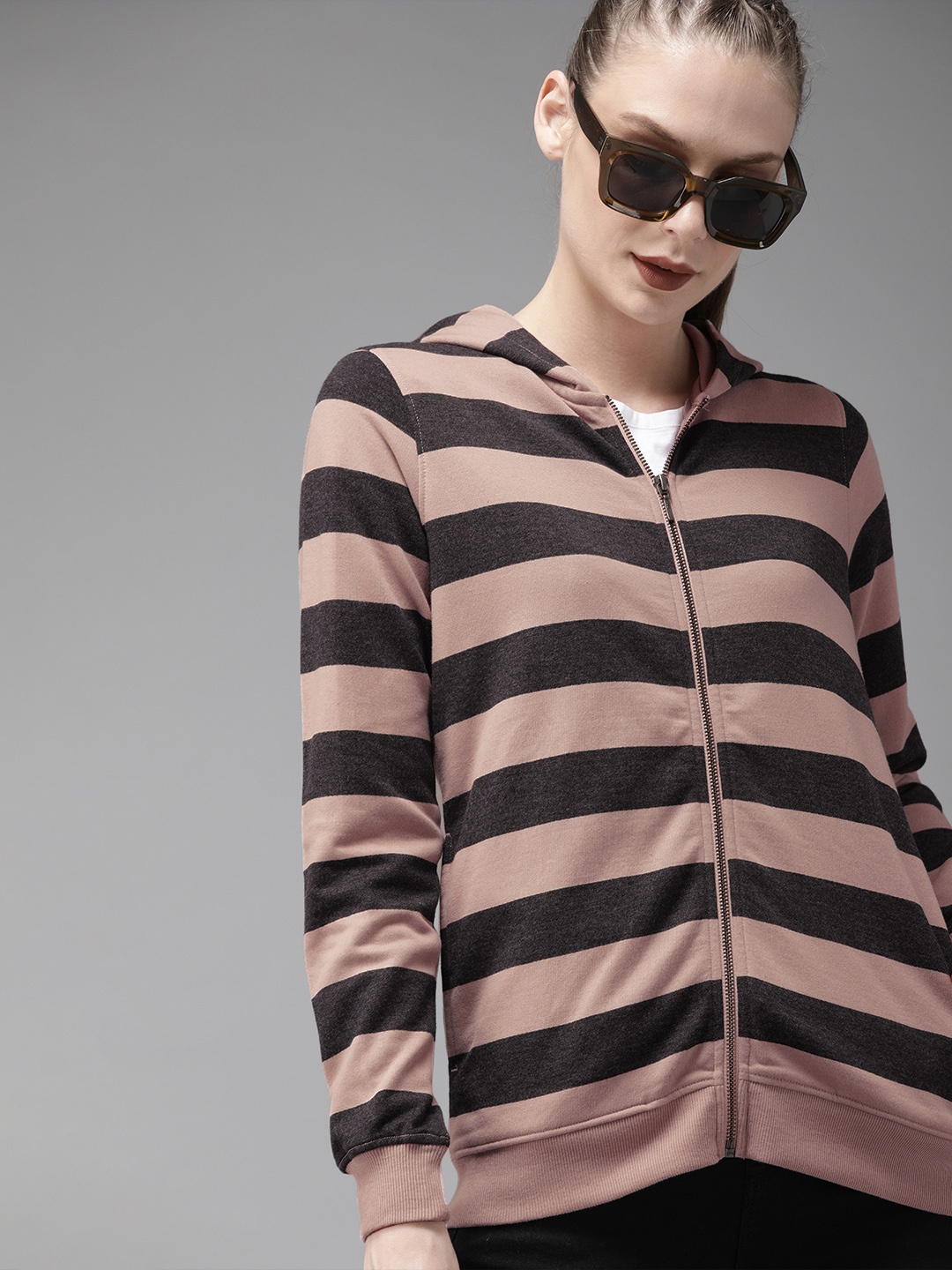 

Roadster Women Pink & Black Striped Hooded Sweatshirt