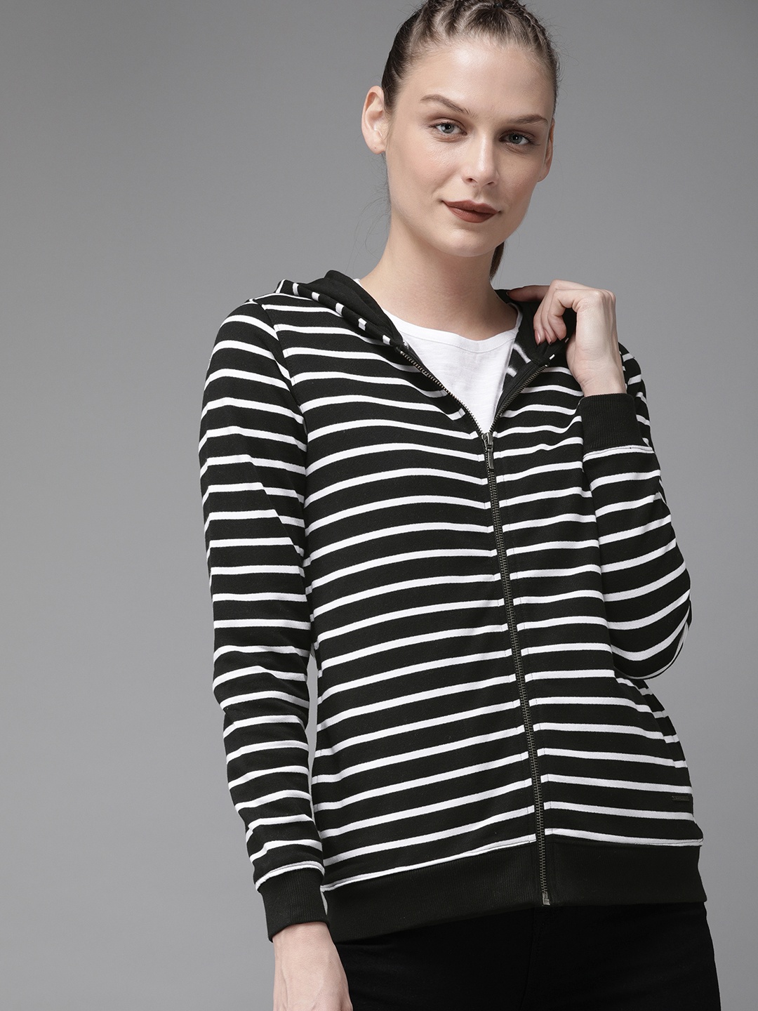 

Roadster Women Black & White Striped Hooded Sweatshirt