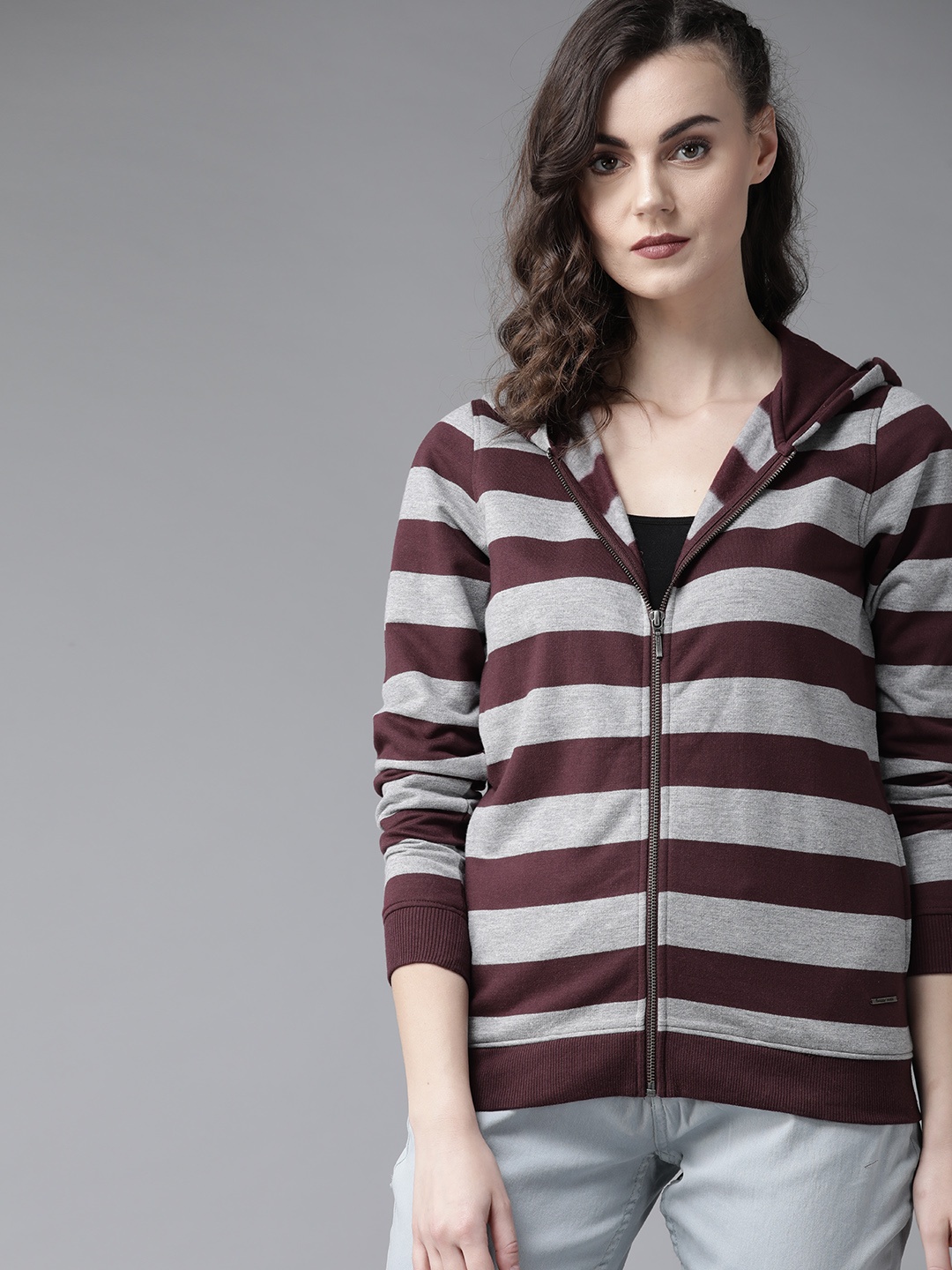 

Roadster Women Burgundy & Grey Melange Striped Hooded Sweatshirt