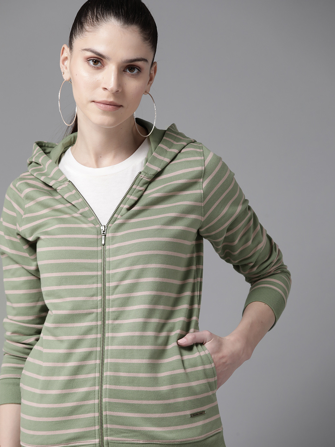 

Roadster Women Green & Pink Striped Hooded Sweatshirt