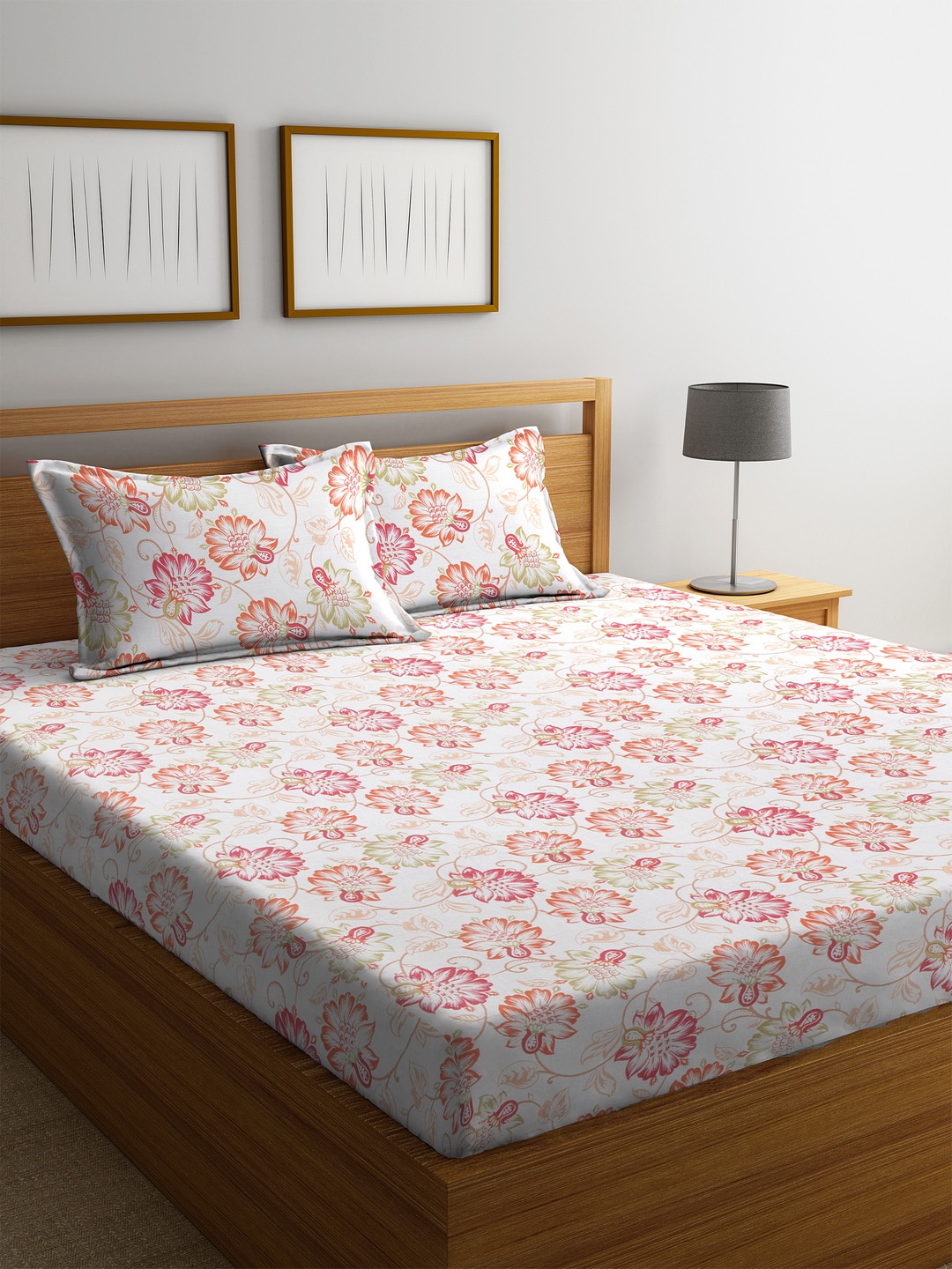 

Cortina White Floral Flat 120 TC Cotton 1 Double Queen Bedsheet with 2 Pillow Covers