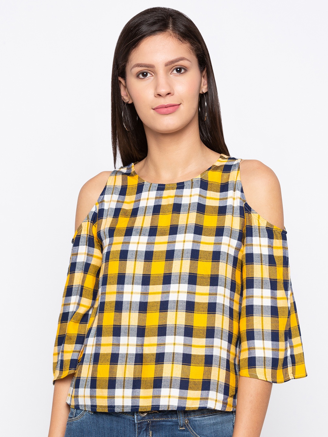 

Globus Women Yellow & Navy Blue Checked Top