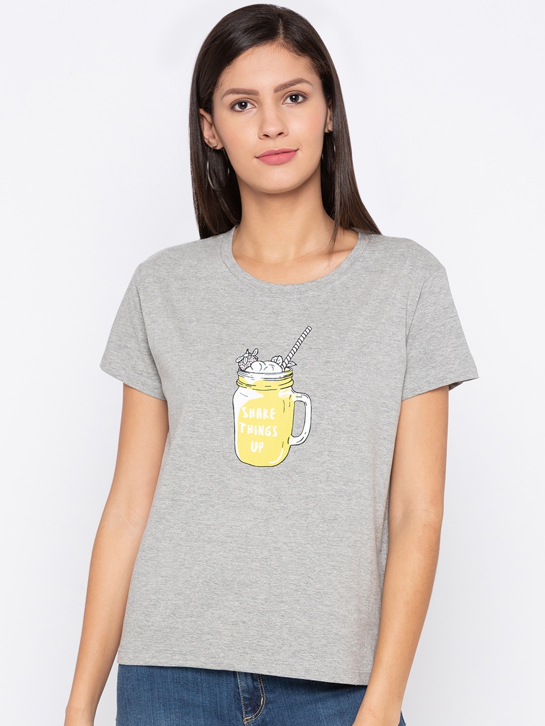 

Globus Women Grey Melange Printed Round Neck T-shirt