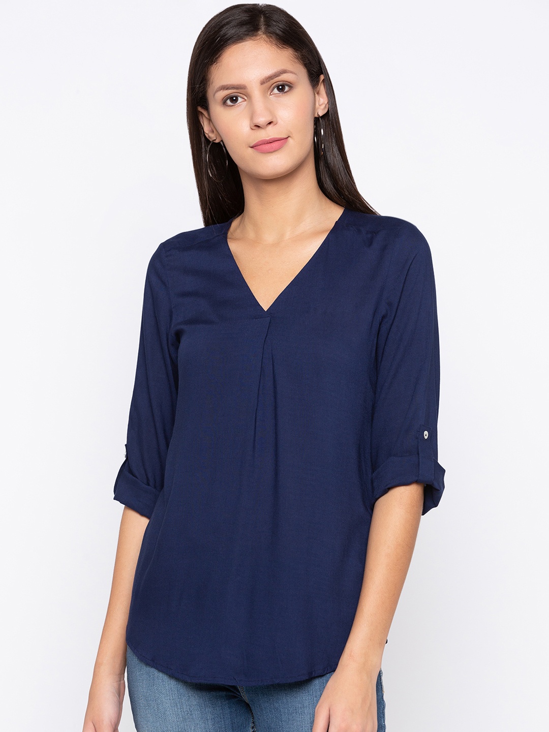 

Globus Women Navy Blue Solid A-Line Top
