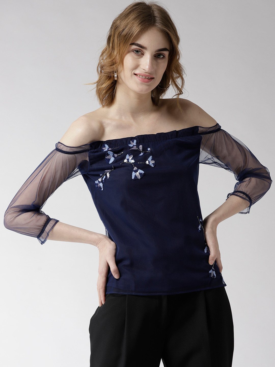 

MISH Women Navy Blue Solid Net Bardot Top