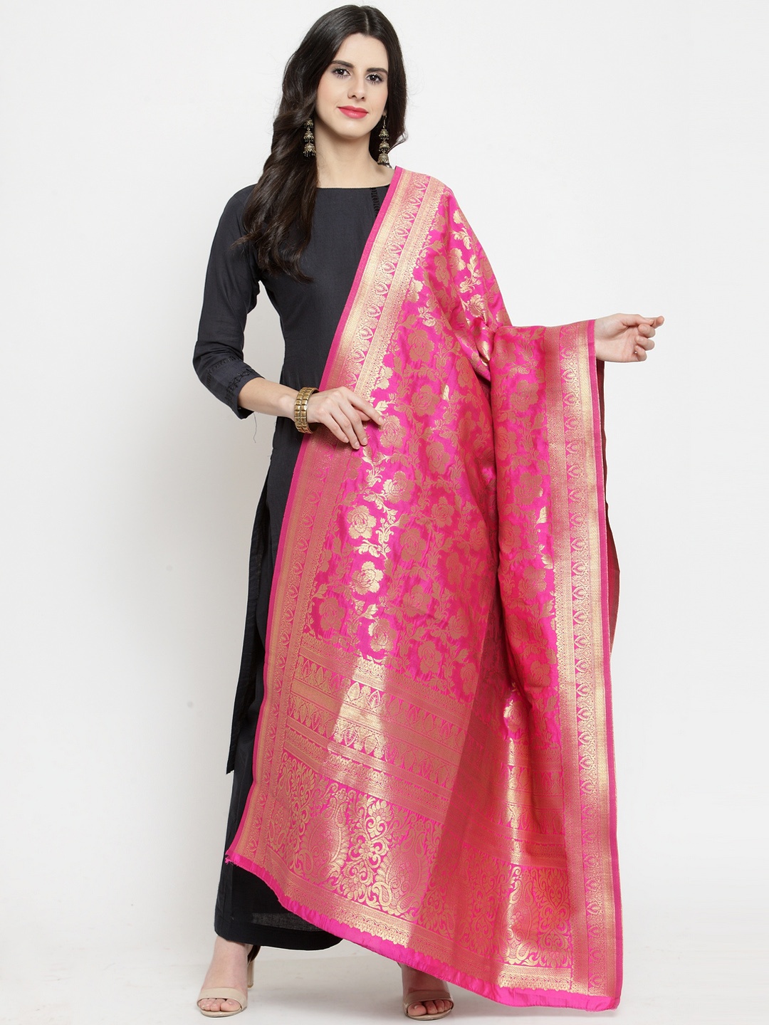

mf Pink & Gold-Coloured Banarasi Art Silk Woven Design Dupatta