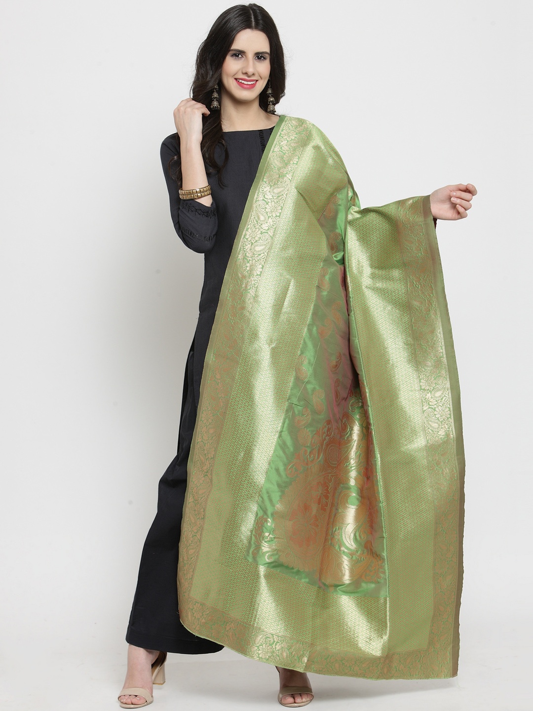 

mf Green & Gold-Coloured Banarasi Art Silk Woven Design Dupatta